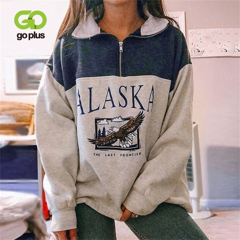 GOPLUS Fashion Women Cotton Stand Collar Half Zipper Letter Printing Long Sleeve Sweatshirts Vintage Casual Loose Sweatshirt 201209