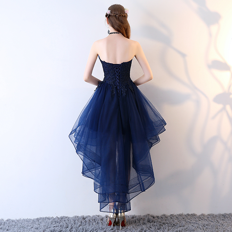 Evening Dresses Short Front Long Back Party Prom Lace Applique Navy Blue Strapless Vestidos De Festa Formal Gown 201114
