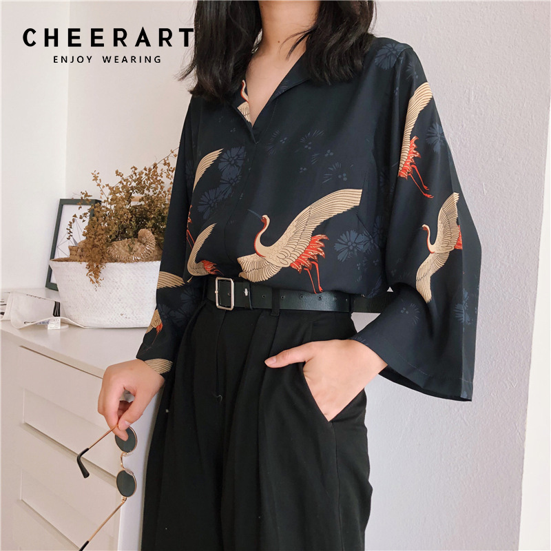 Cheerart Autumn Vintage Japanese Blouse Women V Neck Loose Top Femme Crane Print Black Fall Blouse Clothing 201202