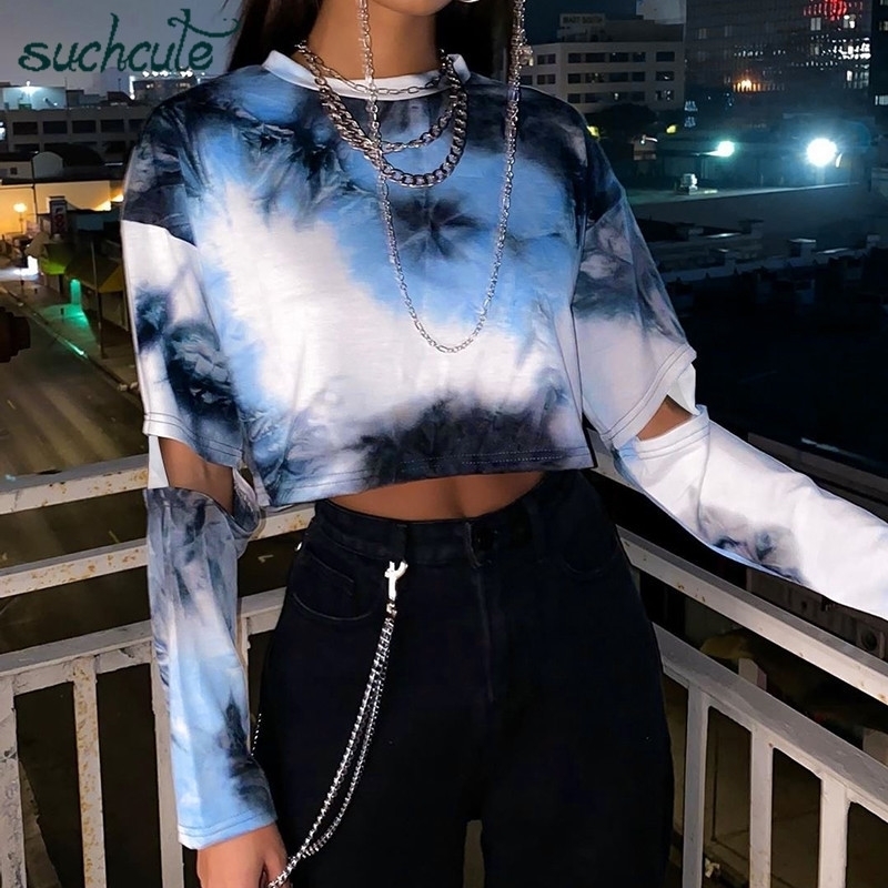 SUCHCUTE hole women's T-shirts basic tee long sleeve 90s tshirt spoiled E girl summer gothic vintage tops female streetwear 201028