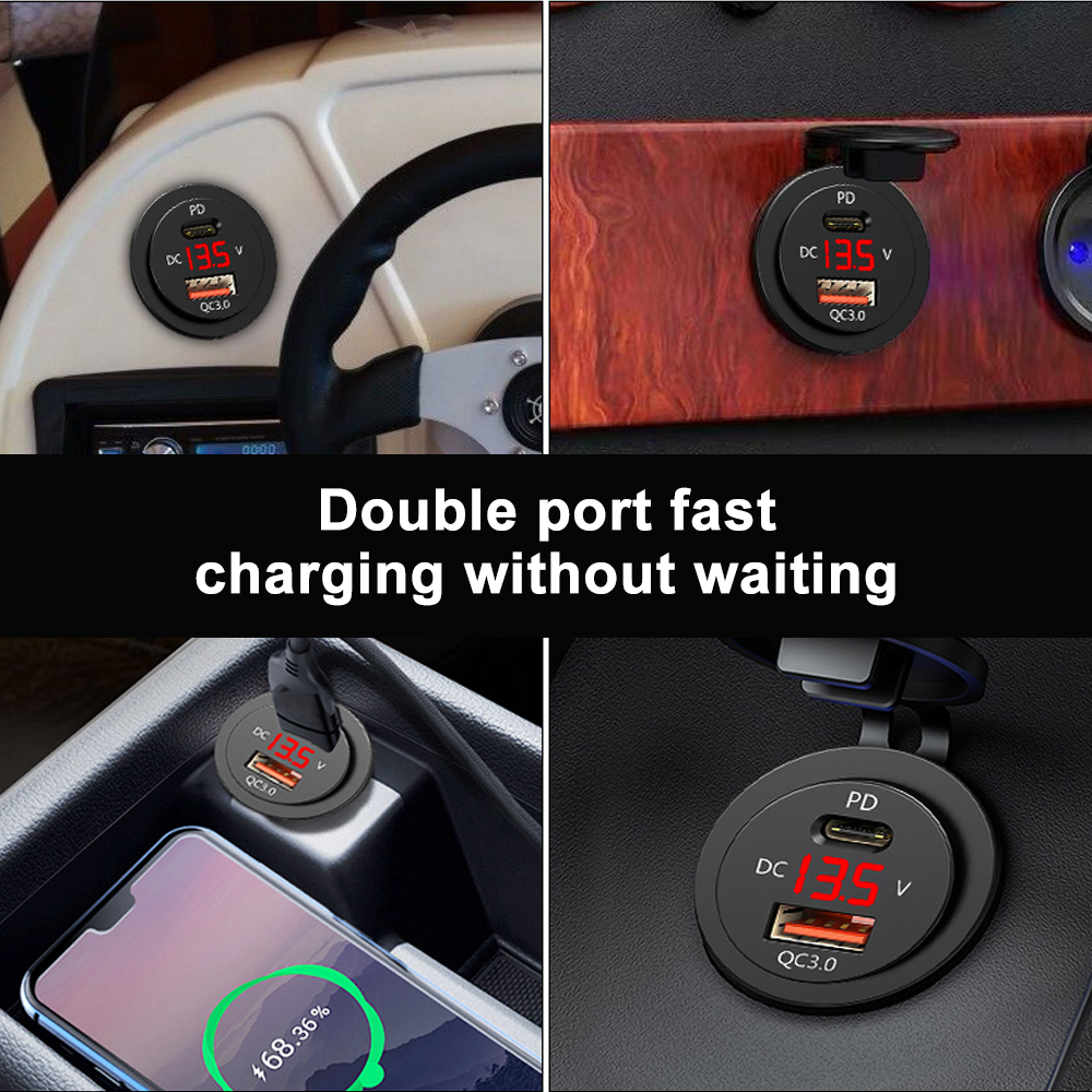 Charger QC 3.0 PD With LED Voltmeter Cable Chargers Socket Adapter Dual USB Universal Plug For 12-24V Car Motorcycles