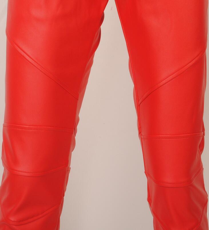 Fashionable new personality men's tight leather pants men's Korean version slim feet black and white red pu leather pants