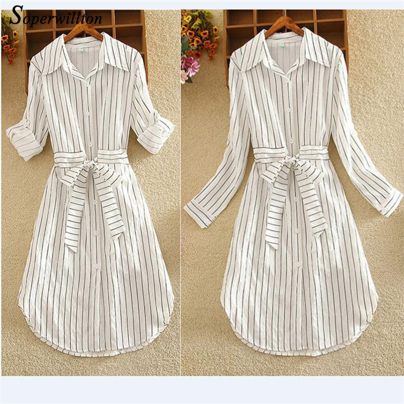 Striped Women Dress Tunic Long Sleeve Elegant Shirt Dress Blue White Black Autumn Ladies Casual Stripe Short Dress Lace Up T200117