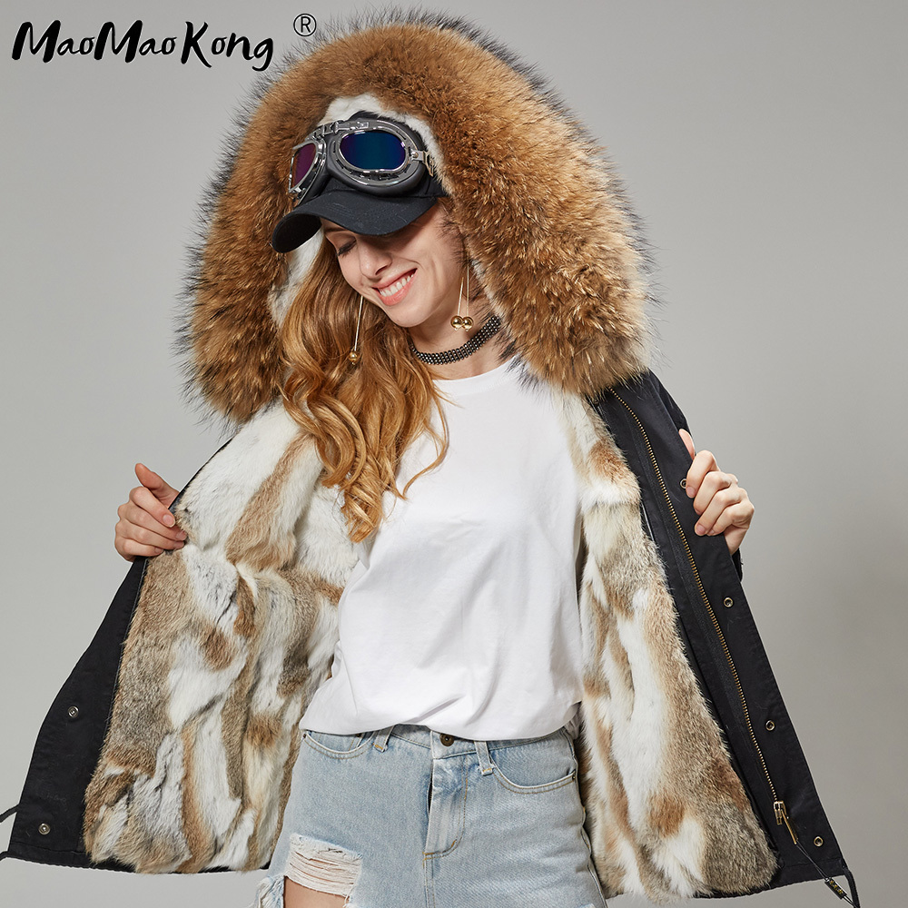 maomaokong Black fox fur Collar winter coat women jacket Natural Fur Bunny Lined Jacket Coats 201027
