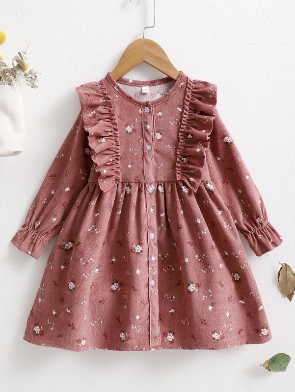Toddler Girls Ditsy Floral Ruffle Trim Corduroy Dress SHE