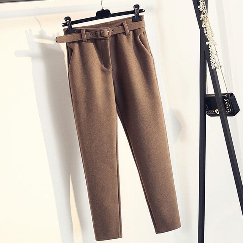casual women woolen Pants winter OL style femme pencil pants high waist women's Harem trousers for work 201031
