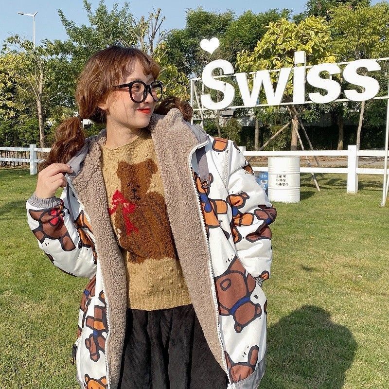 Cute Bear Print Allmatch Casual Cotton Coats Women on Both Sides Wear Coat Kawaii Soft Warm Loose Harajuku Jacket Autumn Winter 201027