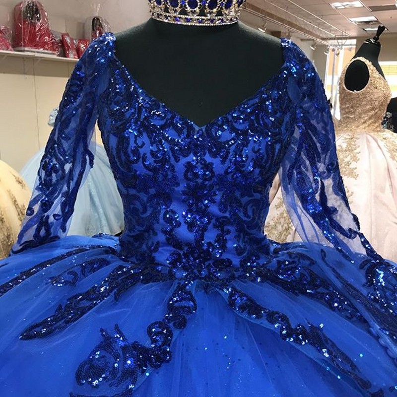 vestidos de xv años Royal Blue Sequins Quinceanera Dresses Long Sleeves Corset Sequined Ball Gown Sweet 16 prom Dress
