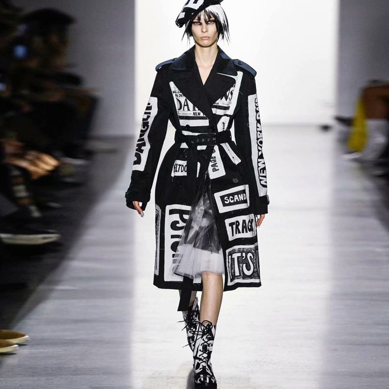HarleyFashion Autumn Winter Women Long Coat Letters Printing High Street Stylish Graffiti Casual Quality Windbreaker Trench 201211