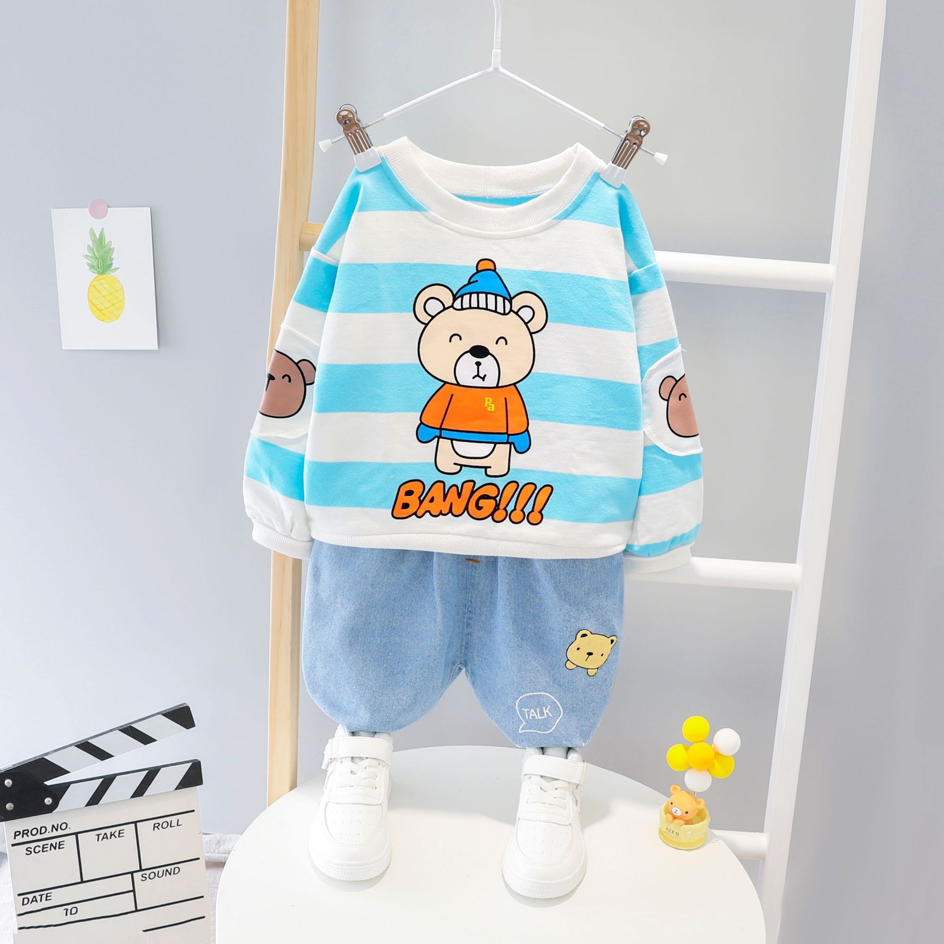 2020 Autumn Winter New Fashion Long Sleeve Clothing Set Stripes Cartoon Bear Pattern Shirt+Denim Jeans Pant 2Pcs Tracksuit BebesX1019