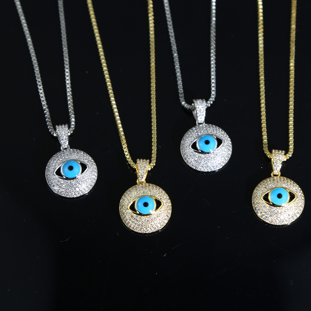 Hip hop Turkish Evil Eye charm necklace Jewelry For Women 5A Cz paved round pendant blue Eye Choker Necklace with box chain