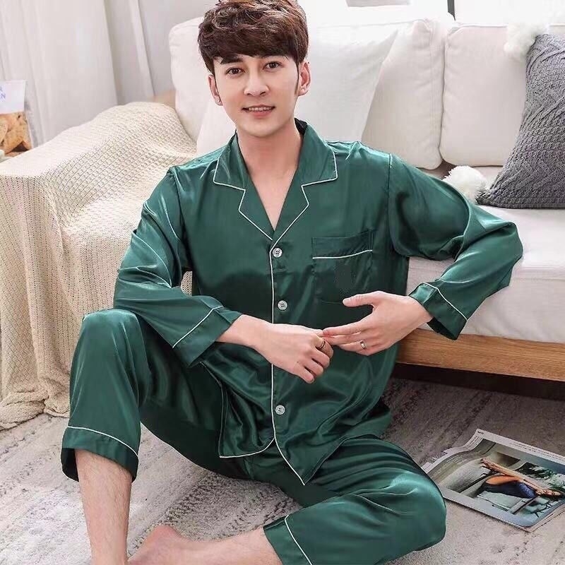 Men Pajama Sets Silk Satin Pijama Turndown Collar Sleepwear Long Sleeve Spring Nightwear Male 2 Pieces Sets Homewear CM11 201111