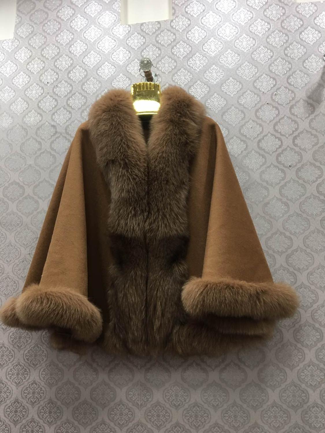 100% wool shawl with natural fox fur collar bottom trimming cape drop shipping wrap furry winter autumn wedding white 201103