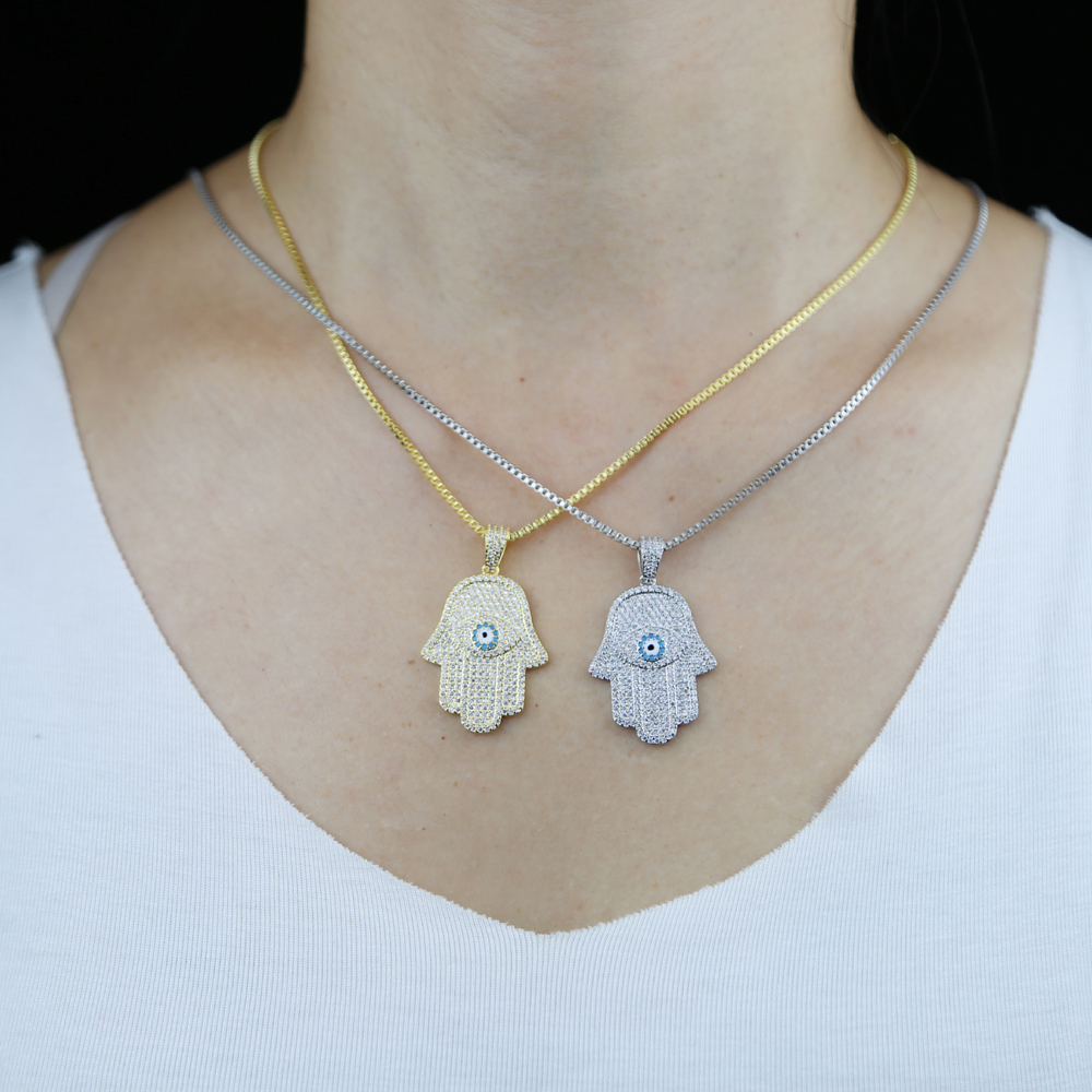 Women wholesale hip hop necklaces jewelry with blue cz paved hamsa hand charm pendant necklace with box chain paved jewelry