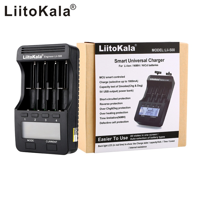 LiitoKala Lii-500 Smart Battery Charger 4 Slots LCD Display for 18650 26650 16340 18350 3.7V 1.2V Ni-MH Ni-Cd Li-ion Rechargeable Batteries Test battery capacity
LiitoKala Lii-500 Smart Battery Charger 4 Slots LCD Display for 18650 26650 16340 18350 3.7V 1.2V Ni-MH Ni-Cd Li-ion Rechargeable Batteries Test battery capacity