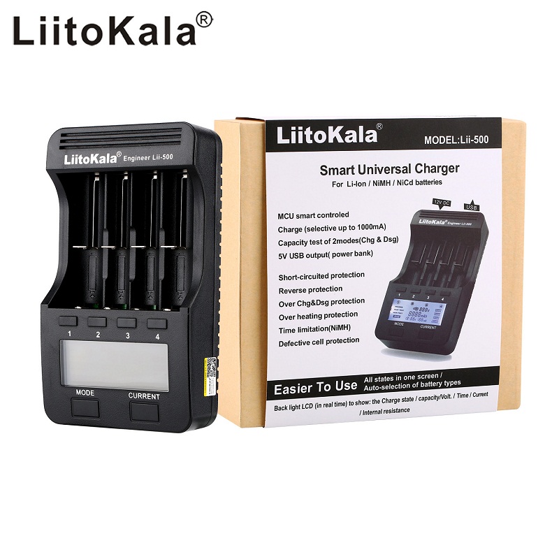 

LiitoKala Lii-500 Smart Battery Charger 4 Slots LCD Display for 18650 26650 16340 18350 3.7V 1.2V Ni-MH Ni-Cd Li-ion Rechargeable Batteries Test battery capacity