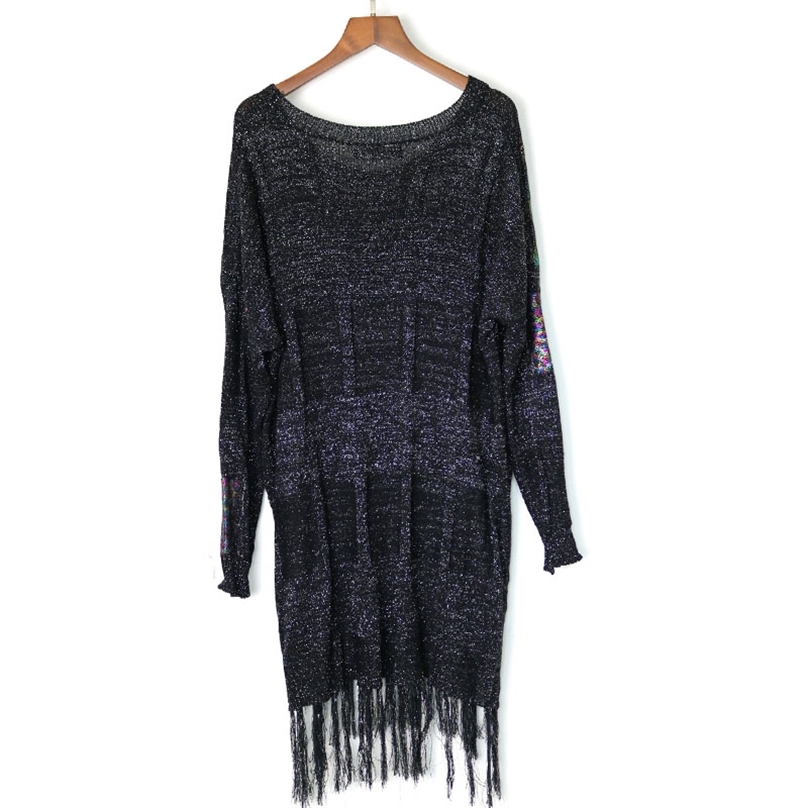 Tassel Hem Knitted Sweater Vintage Sequin Elegant Korea Fashion Autumn Patchwork Minority Style Sweater 201225