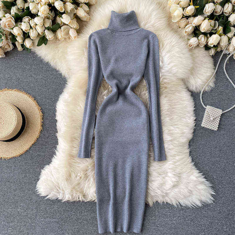 Sweater Dress Winter Turtleneck Warm Long Sleeve Knit Dress Korean Fashion Casual Solid Women Midi Bodycon Dress 211221