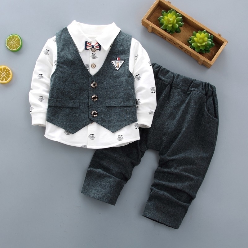 Children Fashion Clothing Spring Autumn Baby Boys Girls Gentleman Vest Shirt Pants 3pcs/sets Kids Infant Cotton Casual Tracksuit 201127