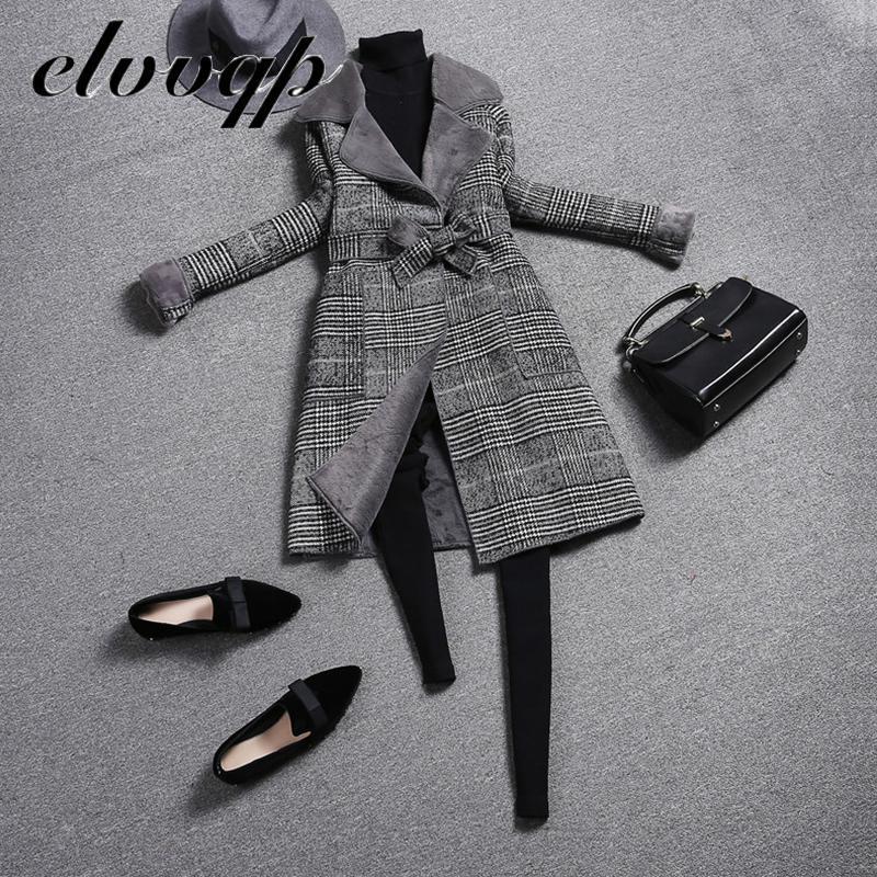 high Quality Woolen Coat Women Winter Long Thick Plus Velvet Warm Fur Jackets Elegant Pocket Plaid Belt Ladies Coats 201216