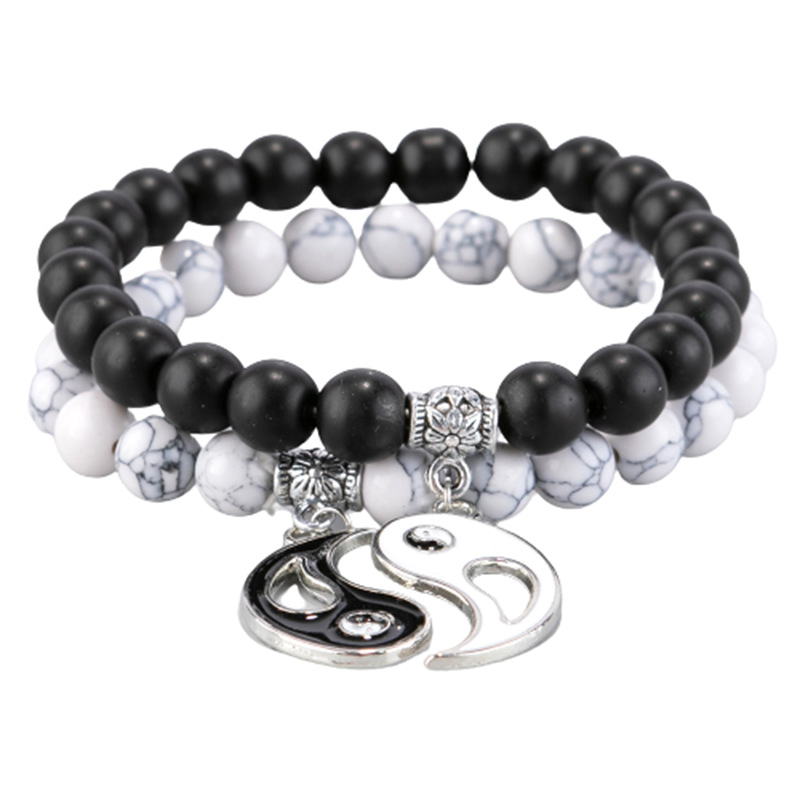 Lovers Gift Jewelry Enameled Yin Yang Gossip Charm White Turquoise Black Beads Strands Bracelet