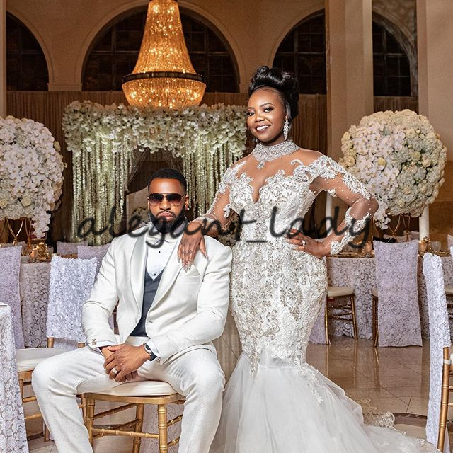 Plus Size Mermaid Wedding Dresses abiti da sposa sirena 2021 Sparkly Crystal Lace Aftican Nigerian Long Sleeve Wedding Gown