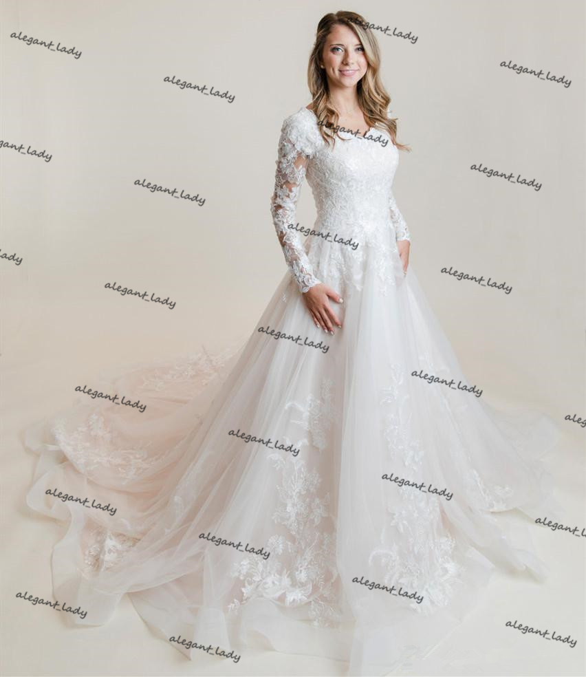 Lace Tulle Modest Wedding Dresses With Long Sleeves Sweetheart Neckline Buttons Back Country Western Bridal Gowns vestido de fiesta