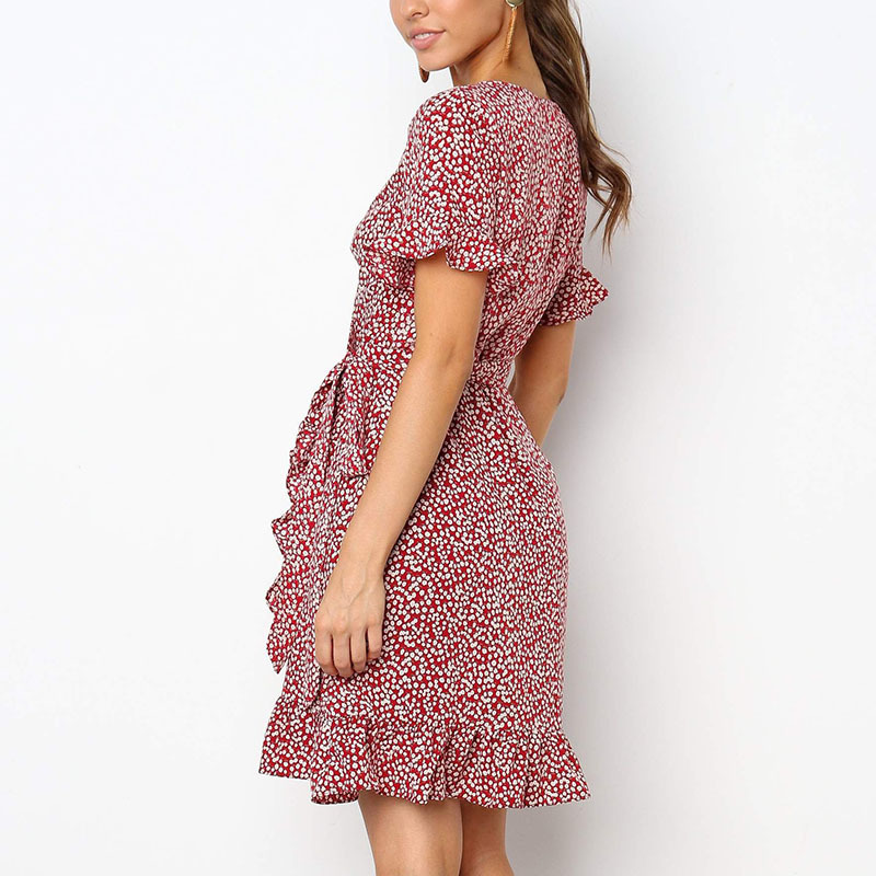 Aachoae Summer Floral Print Boho Ruffle Mini Dress Women A Line Short Sleeve Party Dresses Sexy V Neck Wrap Beach Dress T200603