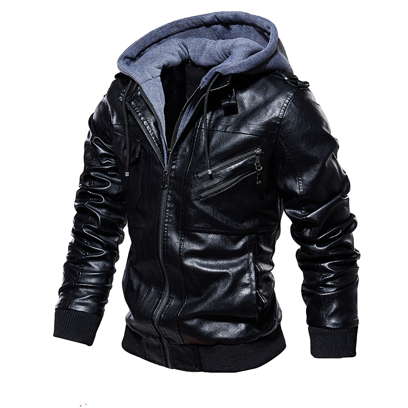 Mens PU Hooded Jackets Coats Fashion Motorcycle Biker Faux Leather Jacket Men Classic Winter Jackets Clothes Plus Size 4XL 5XL 201128