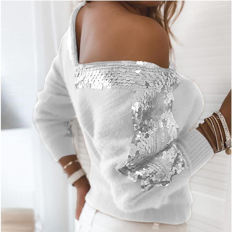 Elegant Off Shoulder V Neck Autumn Sweaters Vintage Sequin Patchwork Knitted Sweater Casual Women Long Sleeve Pullover Tops 201222