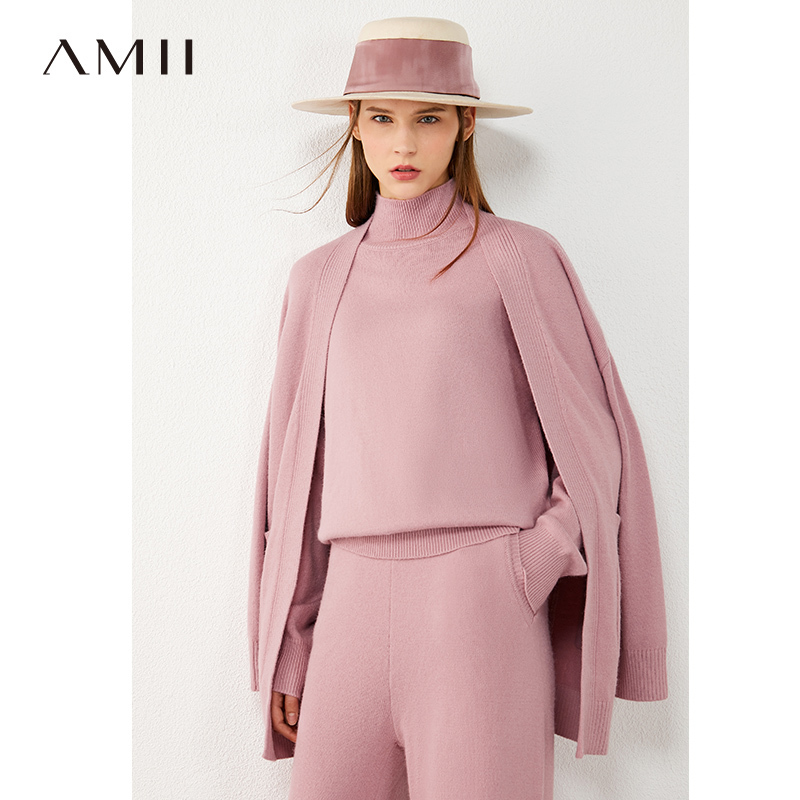AMII Minimalism Autumn Winter Fashion Knitted Women Coat Solid Pocket Belt Knitted Women's Cardigan Female Coat 12040584 201031