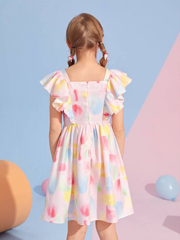 Girls Square Neck Button Front Ruffle Armhole Dress SHE