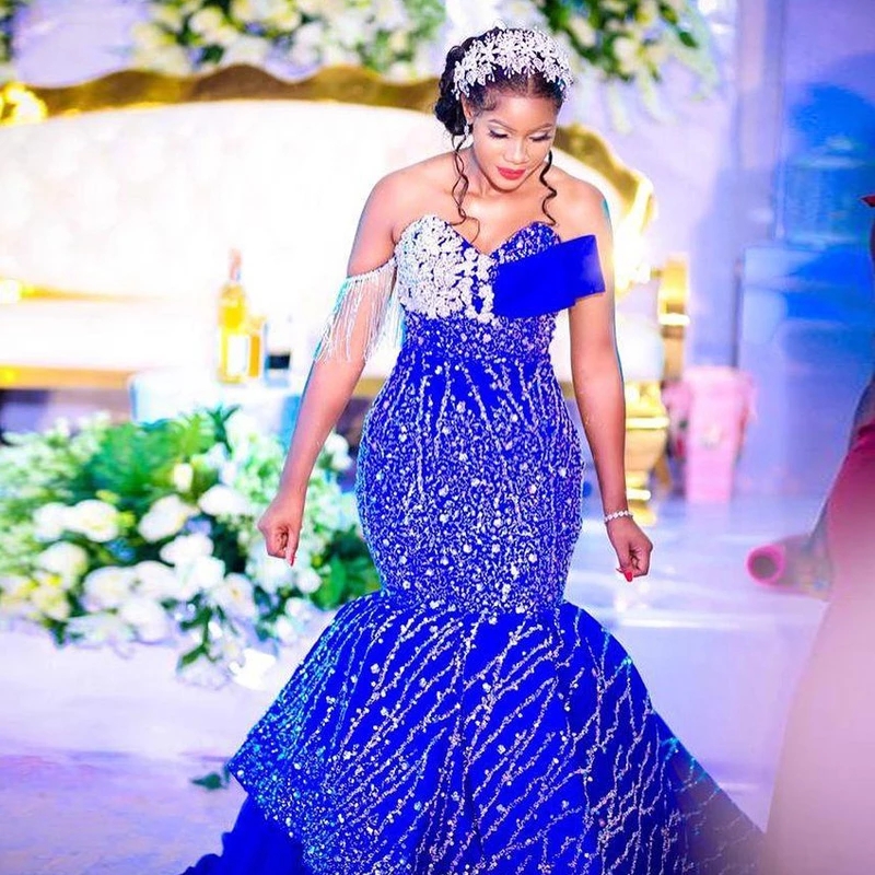 Aso Ebi African Women Royal Blue Prom Dress With Sweetheart Tassels Sequins Lace Appliques Plus Size Tiered Sweep Train Evening Gowns Vestidos De Novi