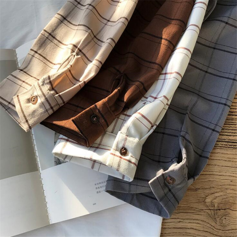 Loose Cotton Checkered Plaid College Blouses Shirt Cage Female Long Sleeve Casual Women Blouse Shirt Office Lady Tops T200319