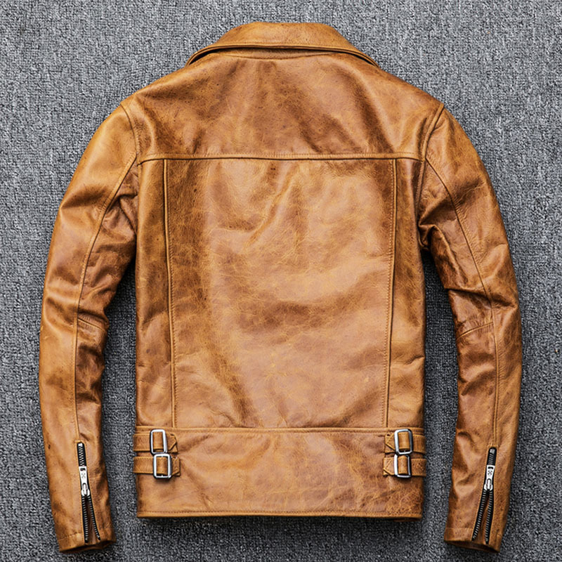 MAPLESTEED Natural Oil Wax Calf Skin Jackets Men Leather Jacket Thick Turn Down Collar Yellow Brown Men's Skin Coat Winter M098 201128