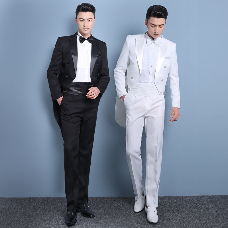 PYJTRL Plus Size S-4XL Mens Classic Black White Shiny Lapel Tail Coat Tuxedo Wedding Groom Stage Singer Four Piece Suit 201130