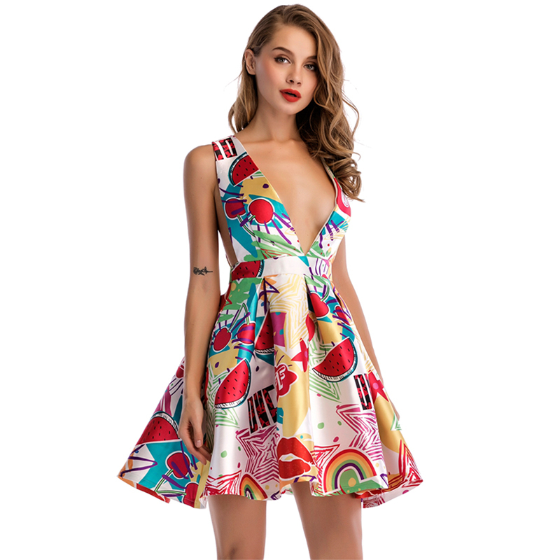 Aoteman Summer Dress Women Sexy Mature Style A-line Deep V Mini Vest Dress Vintage Female Elegant Short Beach Party Dresses Y200930