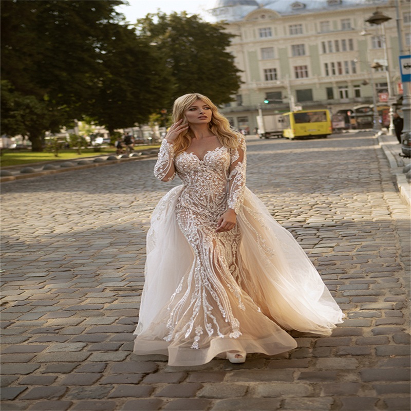 New Arrival Mermaid Wedding Dresses With Detachable Train Appliqued Lace Bridal Dress Long Sleeves Custom Made Gorgeous Robes De Mariée