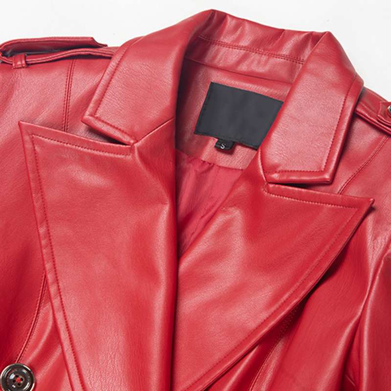 Nerazzurri Red long leather trench coat for women long sleeve sashes lapel Maxi soft rain coat women British style leather coats 201226