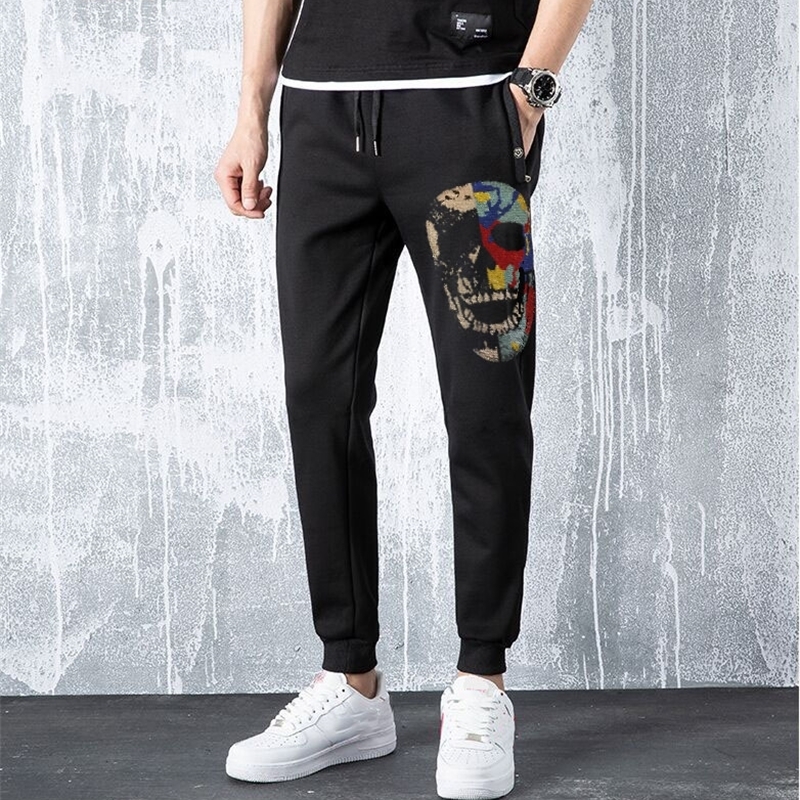 Men's Skull Sweatpants Fitness Joggers Spring Male Side drill High Street Hip Long Trousers Rhinestones Pants 201128