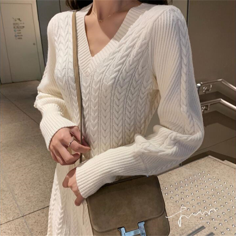 Elegant Lace-up Lantern Sleeve A-line Knitted Dress Temperament V Neck Twist Pattern Sweater Dress Women Autumn Winter Dress 201030