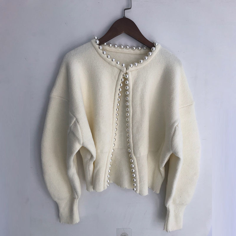 [DEAT] New Fashion Korean Jackets Pearls Cardigan Batwing Sleeve Wool Knit Vintage Women's Coat High Quality Jacket AP520 201112