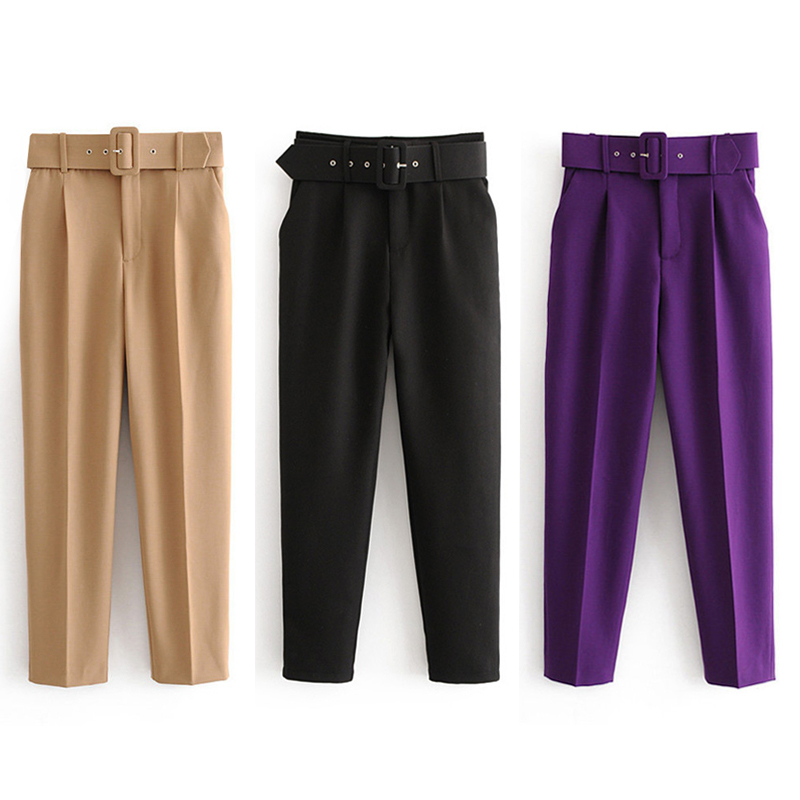 Aachoae Office Lady Black Suit Pants with Belt Women High Waist Solid Long Trousers Fashion Pockets Pants Trousers Pantalones 201113