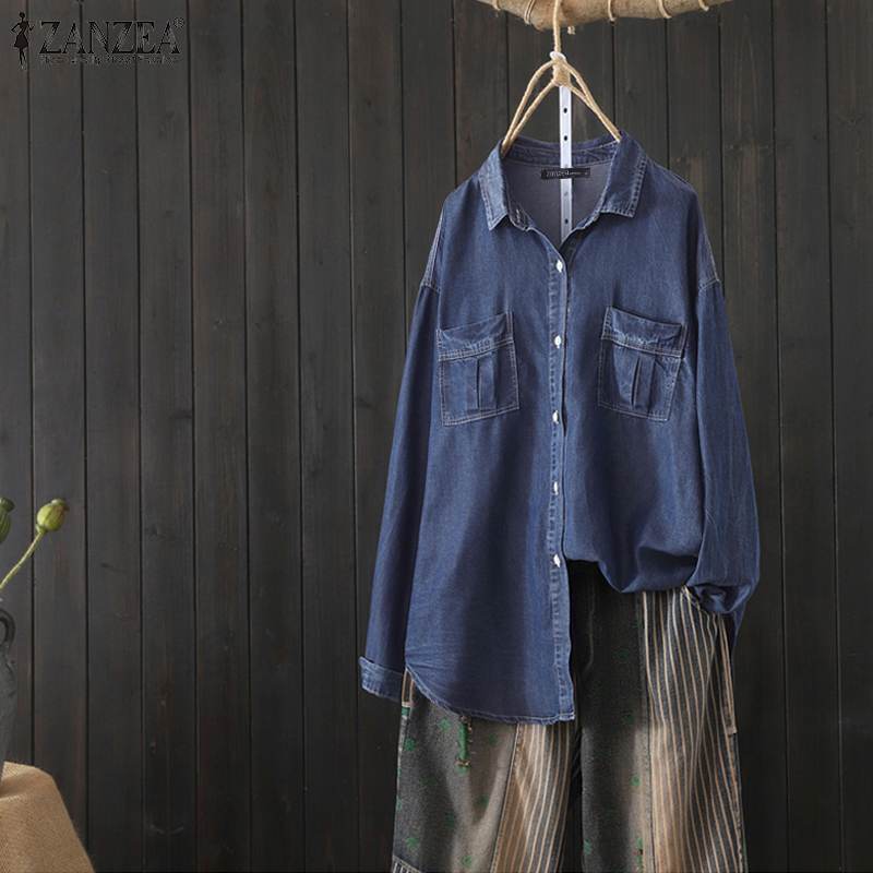 Women Tops and Blouses Ladies Office Work Shirts Casual Loose Long Sleeve Denim Blue Tops Lapel Tunic Blusas Plus Size T200321