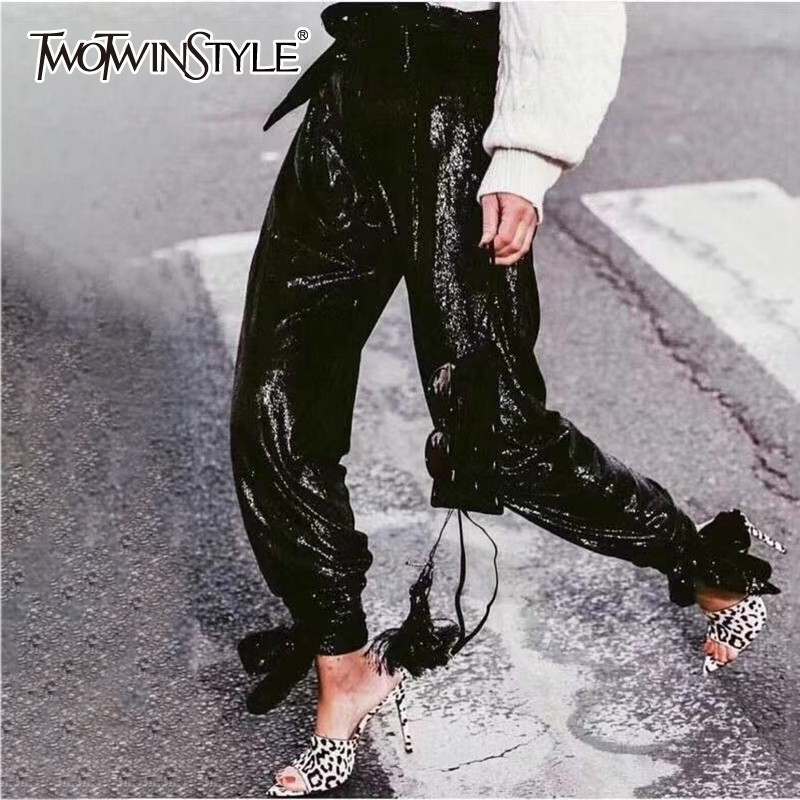 TWOTWINSTYLE Heavy Sequin Pants Female High Waist Bottom Bandages Trousers For Women Spring Fashion Streetwear New 201106