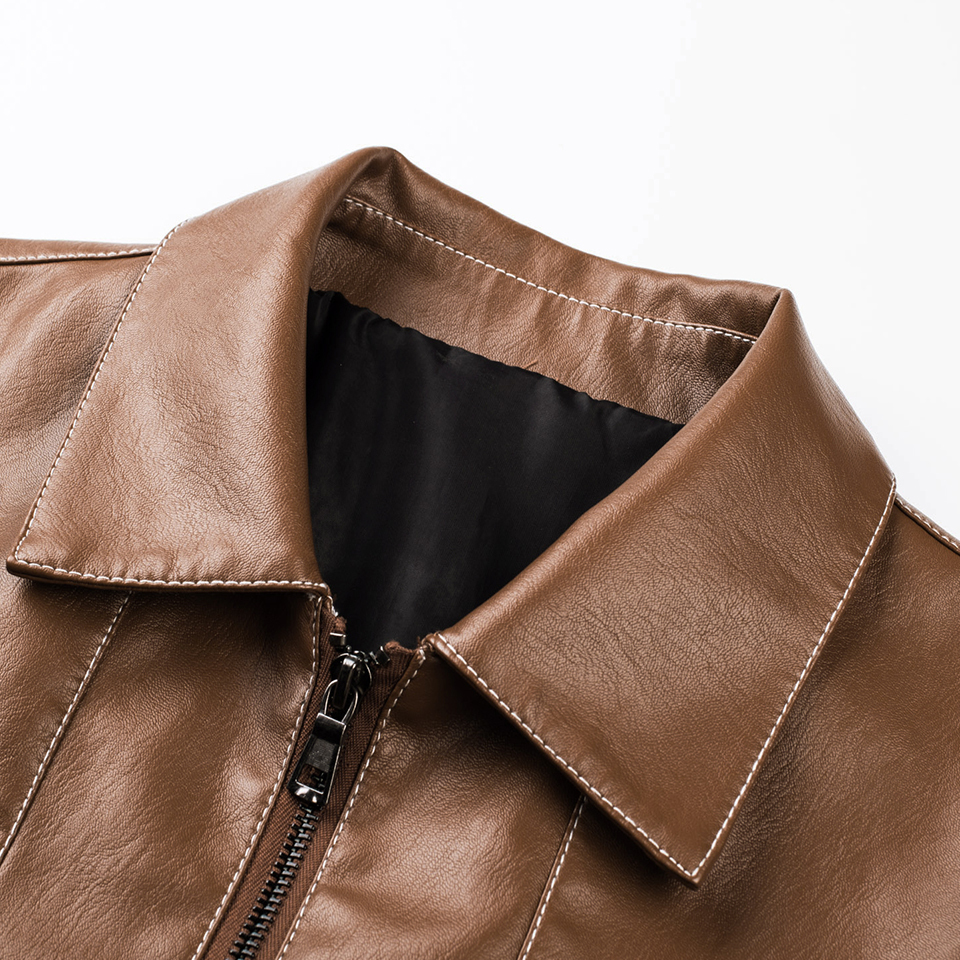 TFU Men Autumn Winter Business Casual TurtleNeck Fleece Leather Jacket Coat Men Spring Pockets Faux PU Leather Jackets 201128