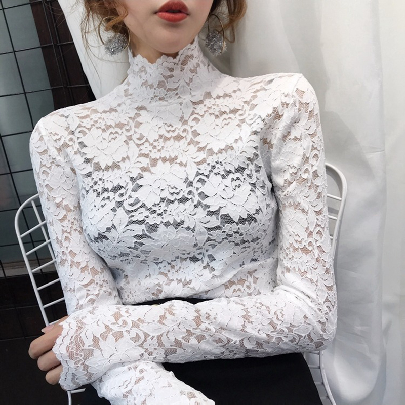 Women Spring Autumn Style Lace Blouses Shirts Lady Casual Long Sleeve Turtleneck Lace Blusas Tops DD8153 201201