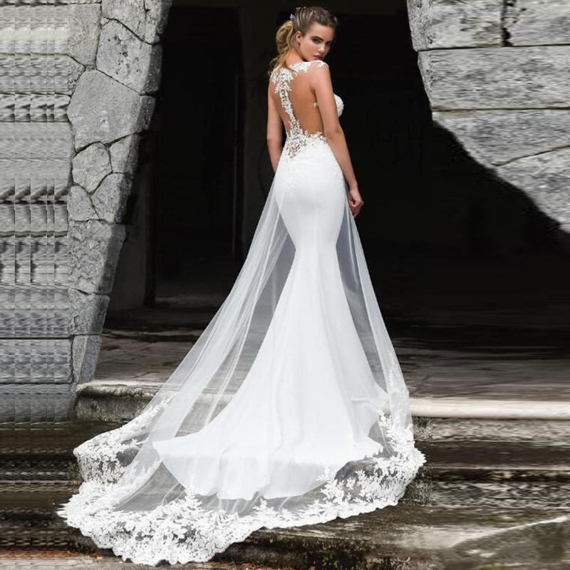 2022 Elegant Satin Wedding Dress White Mermaid Women Illusion Lace Appliques Plus Size vestidos de Noiva Boho Beach Grows Bridal Gowns Robe Mariée