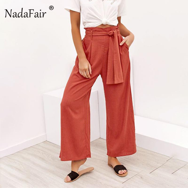Nadafair Casual High Waist Straight Pant Women Belted Wide Leg Capris Trouser Spring Summer Ankle-length Pants Female T200319