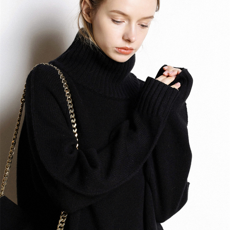 Cashmere sweater women's new high-neck cashmere sweater women's solid color long loose sweater large size knit bottoming shirt 201023